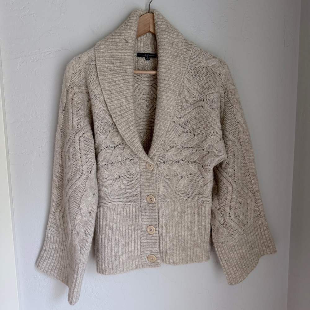 GAP Womens Soft Beige Cable Knit Wool Blend Kimono Cardigan Sweater Size M - Picture 9 of 9
